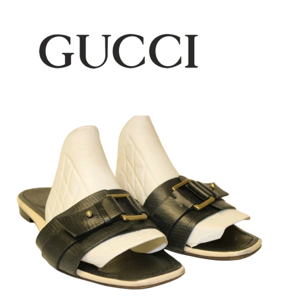 Gucci Slides Womens Size 8.5 B Embossed Leather Buckle Sandals Italy Shoes - Picture 4 of 16
